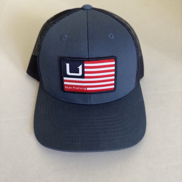 Huk Mens Fishing Hat Cap Snap Back Navy Blue Trucker Mesh American Flag Patch - Picture 1 of 5